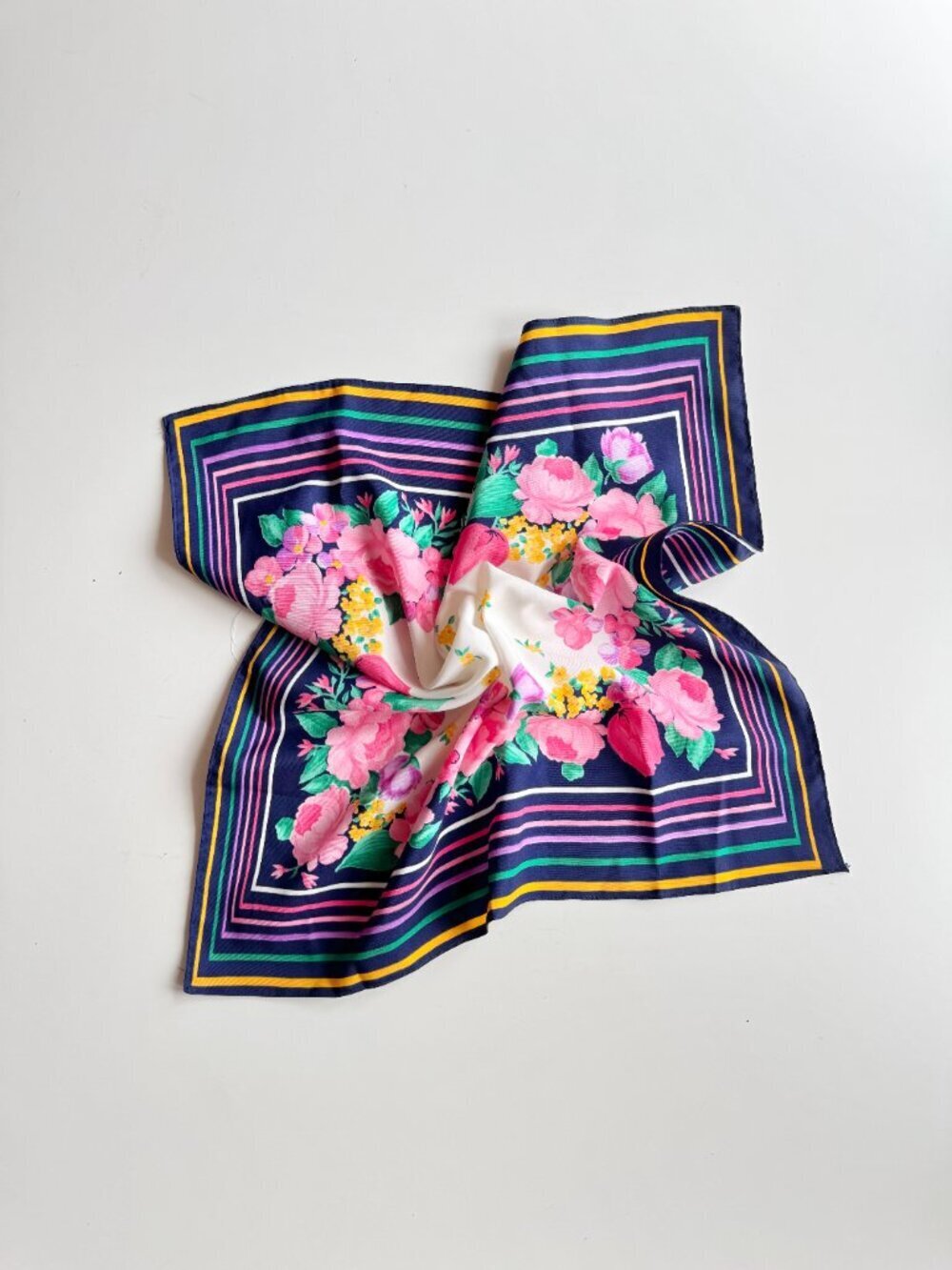 Vintage Unbranded Floral Striped Poly Crepe 22.5" x 20.5" Square Scarf